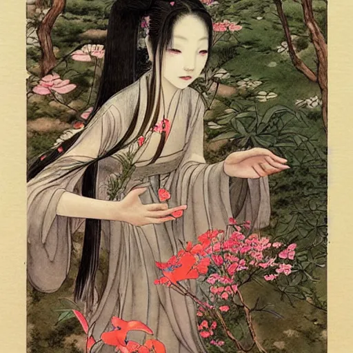 Prompt: ancient chinese fairy woman, pale skin, wearing wild flowers, by miho hirano