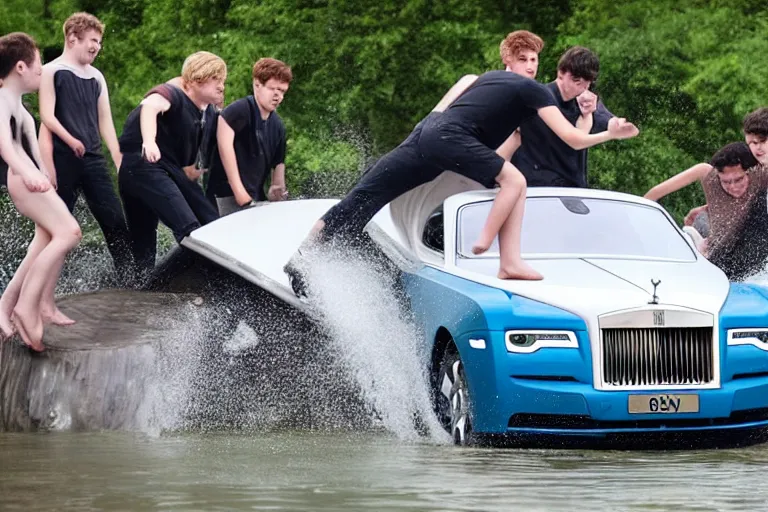 Image similar to Group of teenagers push Rolls-Royce into lake with their hands from a small slide