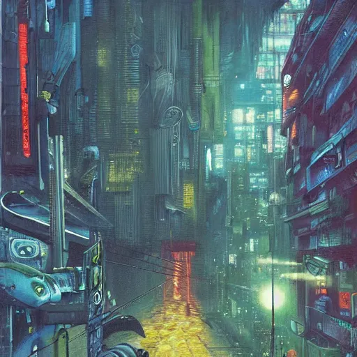 Image similar to a hyperrealistic painting of a cyberpunk city with pepe the frog cyborg with laser beam eye. walking through the night. robotic aliens, flying cars, cinematic horror by chris cunningham, richard corben, highly detailed, vivid color, beksinski painting, part by adrian ghenie and gerhard richter. art by takato yamamoto. masterpiece