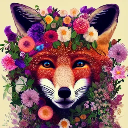 Prompt: made of flowers, made of flowers, made of flowers, portrait of a fox made of flowers, fantasy art, trending on artstation, beautiful art, intricate, elegant, highly detailed, digital painting