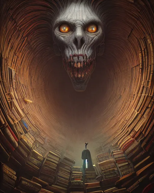 Image similar to highly detailed surreal vfx portrait of a creepy monster in a catacomb of books, stephen bliss, unreal engine, greg rutkowski, loish, rhads, beeple, makoto shinkai and lois van baarle, ilya kuvshinov, rossdraws, tom bagshaw, alphonse mucha, global illumination, detailed and intricate environment