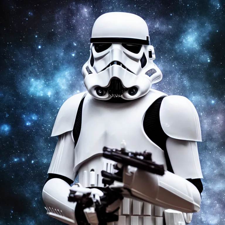 Prompt: stormtrooper darth vader hybrid from star wars, high quality portrait photoshoot, bokeh, studio lighting, high fashion photoshoot, nebula space background, 8 k