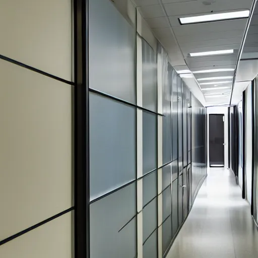 Prompt: curved still of an endless office hallway into an elevator, liminal feeling, uncanny