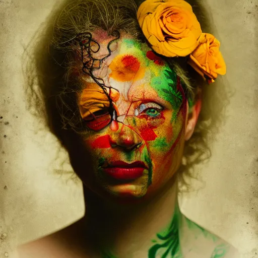 Image similar to realistic expired kodak film portrait of albino india woman tentacled creature mix, marigold, roses, lotus, jamine celestial vibe, hyperrealism, hypermaxiymalism, photorealistic, detailed, atmospheric, 8 k, award winning photography, cinematic