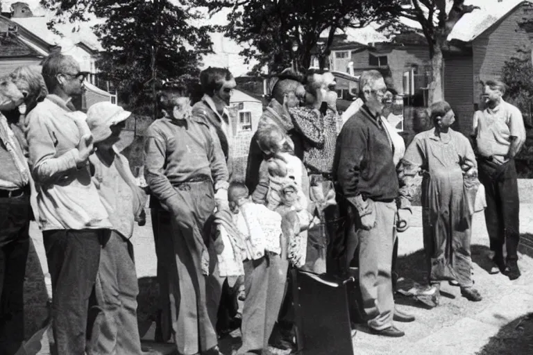 Image similar to an old photo of people looking at an flying ovni in the neighborhood