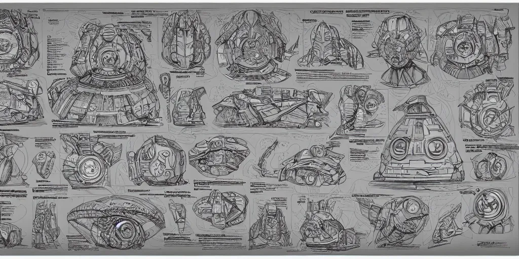 Image similar to highly detailed character sheet drawing, side view, sf interstellar travel drive designs, intricate and stylized spaceship designs