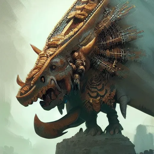 Image similar to triceratops with aztec headdress, greg rutkowski, digital illustration, concept art, dnd, face, fantasy, intricate, elegant, highly detailed, digital painting, artstation, full body, long shot, cinematic lighting