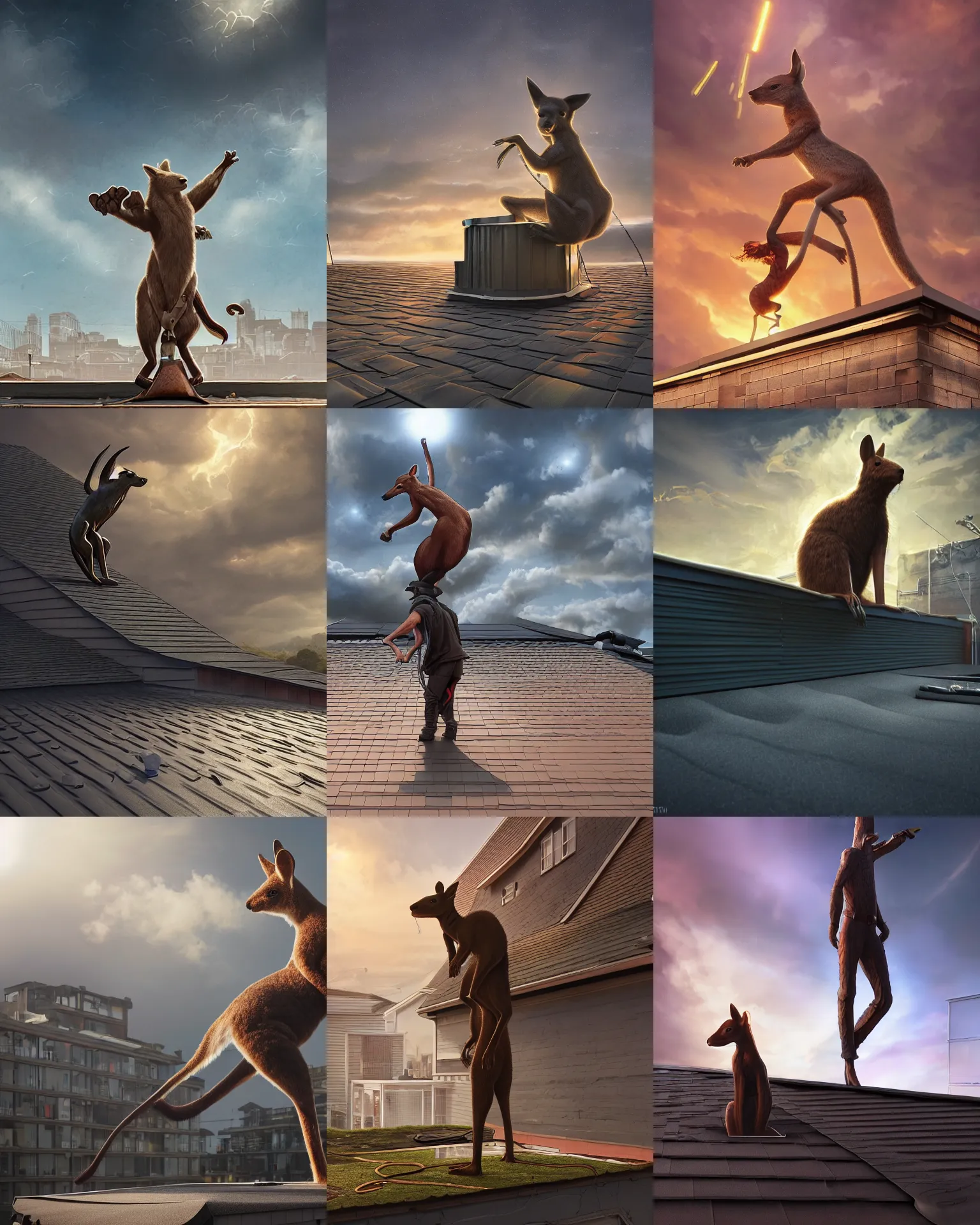 Image similar to rubber flat roofing installation services on garage roof halifax, fantasy, a kangaroo standing on the roof, intricate, epic lighting, cinematic composition, hyper realistic, 8 k resolution, unreal engine 5, by artgerm, tooth wu, dan mumford, beeple, wlop, rossdraws, james jean, marc simonetti, artstation