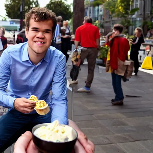 Image similar to magnus carlsen offering you ice cream