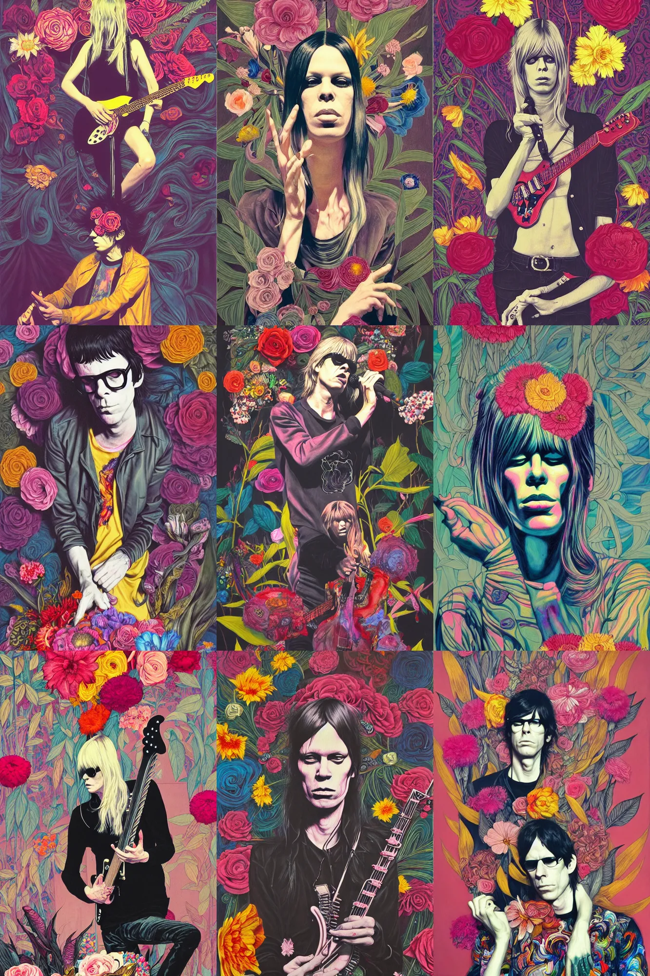 Image similar to the velvet underground and nico playing live on stage, beautiful stage decoration with flowers in the background, painting by james jean, very detailed and colorful and ornamental and moody and relaxed and tasteful and laid back and relaxed and cool and high on drugs, trending on artstation, behance contest winner