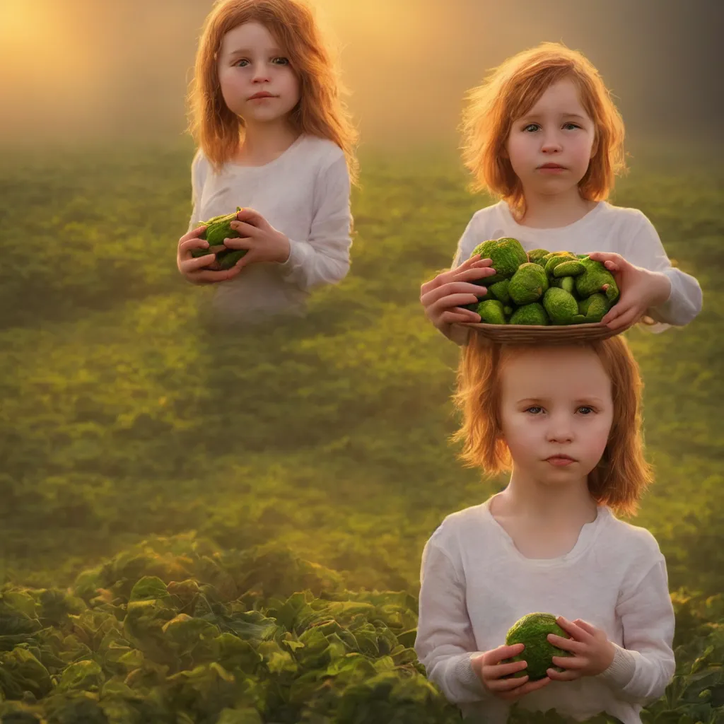 Prompt: Beautiful aesthetically pleasing single female child portrait, centered portrait, Confident holding vegetables, lush farm lands, fog, volumetric lighting beautiful, golden hour, sharp focus, ultra detailed, conceptartworld, comic art