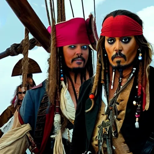 Image similar to donald trump acting next to jack sparrow in the pirates of the caribbean movie