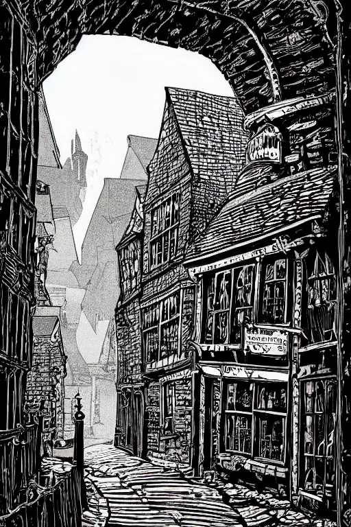 Image similar to a beautiful woodcut print of shambles and little shambles york, 8 k, frostbite 3 engine, cryengine, dof, trending on artstation, digital art, crepuscular ray, art by fossi _ images and tugboat printshop