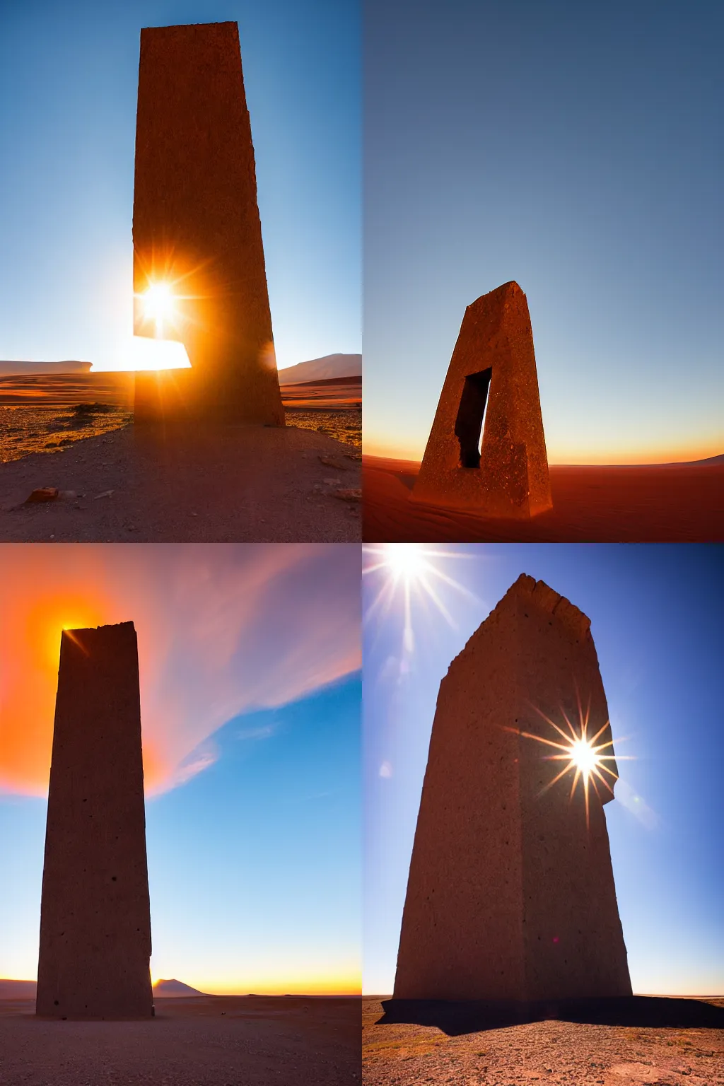 Prompt: brutalist face giant monolith in the atacama desert. sunset. kodak. lens flare. raw. wide angle.