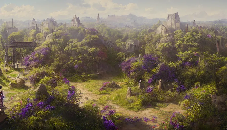 Image similar to landscape painting drone shot of violet evergarden facing away standing on a distant flower hill, behind it a distant old german city, sunshine, fantasy, intricate, elegant, highly detailed, digital painting, artstation, blender, unreal engine 5, octane render, smooth, sharp focus, illustration, by Philipp A. Urlich and greg rutkowski