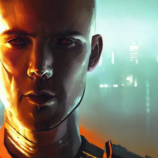 Image similar to cyberpunk, armitage, closeup portrait of an ex soldier, battlescar, artificial eye, brown buzzcut, wired head, dramatic light, city background, sunset, dystopian setting, high contrast, sharp, neuromancer, painted by stanley lau, painted by greg rutkowski, painted by stanley artgerm, digital art, trending on artstation