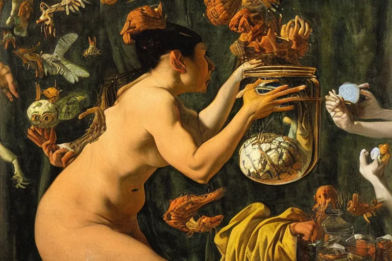 Prompt: a painting of pandora opening her jar, releasing insects and critters that impersonate sickness and death, personification of misery in the style of realism and artemisia gentileschi