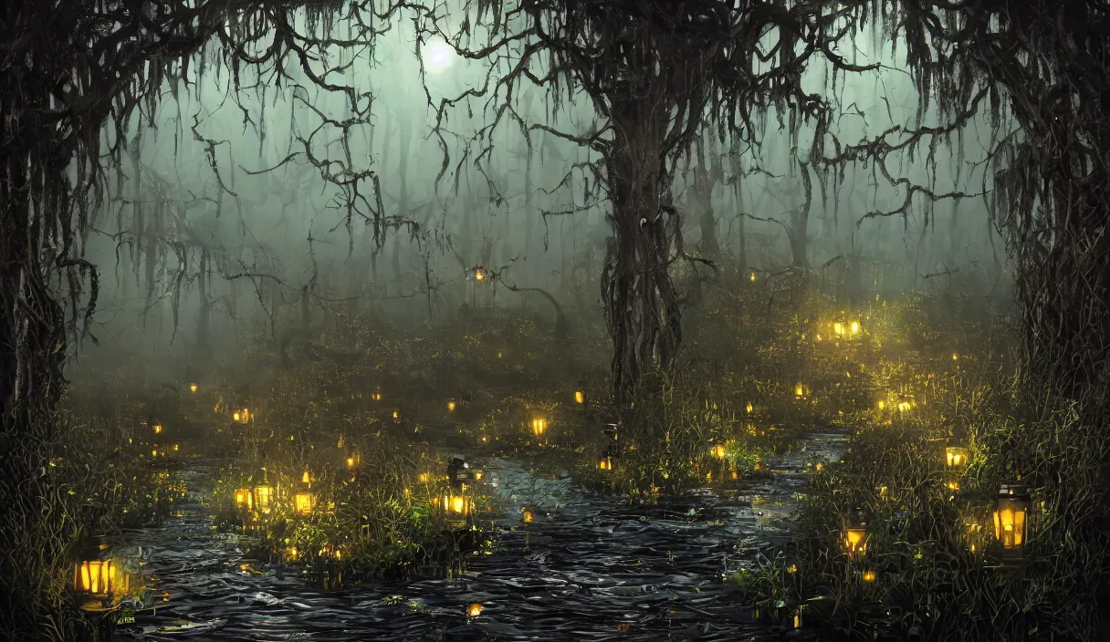 Image similar to swamp at night, stars, path, lanterns, torches, fireflies, bioluminescence, vines, fire, stream, fog, insane details, intricate, elite, ornate, elegant trend, highly detailed and intricate, sharp focus, photography, unreal engine, trending on artstation, photorealistic, octane, hyper detailed, trending on deviantart,