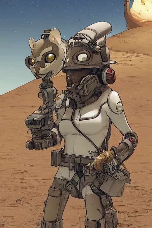 Image similar to anthropomorphic rodent with white and black ancestral ornate japanese tactical gear on an abandonment desert planet, long shot, rule of thirds, golden ratio, graphic novel by fiona staples and dustin nguyen, by beaststars and orange, peter elson, alan bean, studio ghibli, makoto shinkai