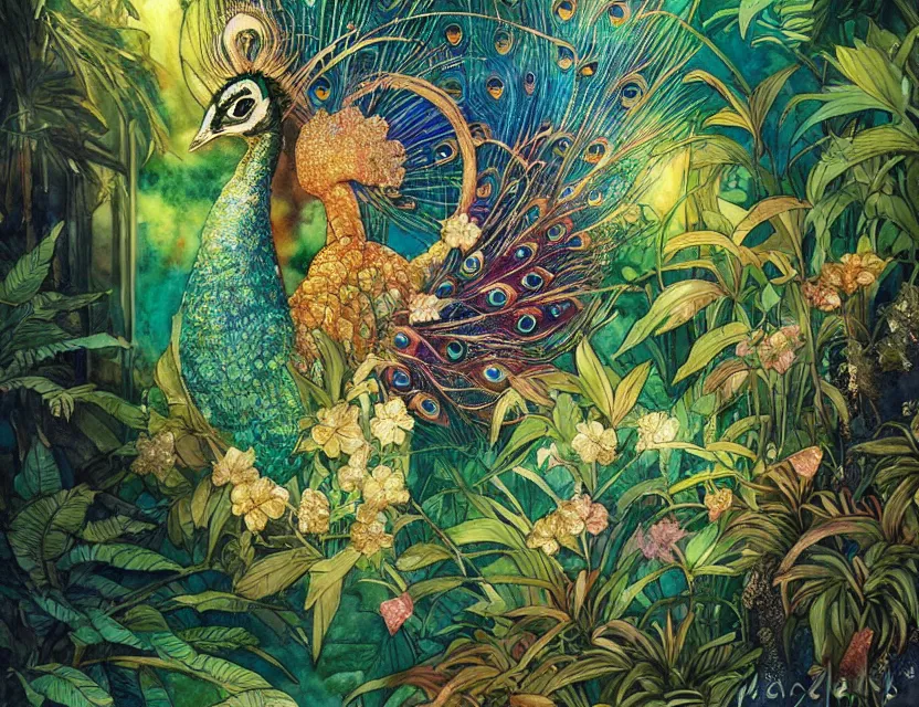 Prompt: faerie peacock in a tropical greenhouse. this watercolor and gold leaf work by the award - winning mangaka has a beautiful composition, dramatic lighting and intricate details.
