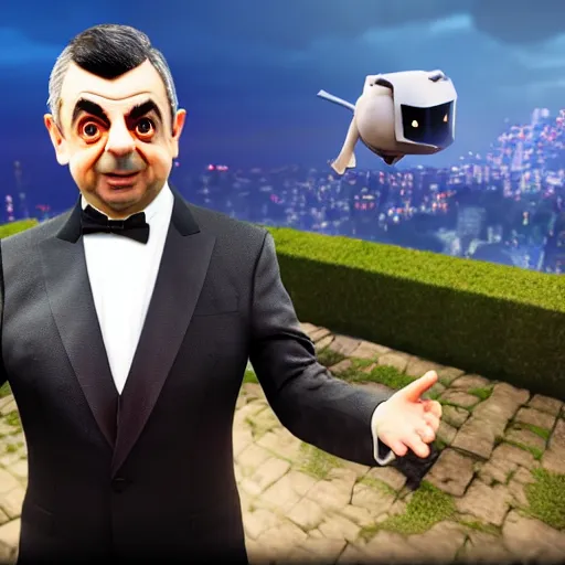Image similar to in - game screenshot of rowan atkinson in fornite, 3 d render, unreal engine, octane render, ray tracing, unity, highly detailed, high quality, hd, 4 k, 8 k, realistic, sharp, trending