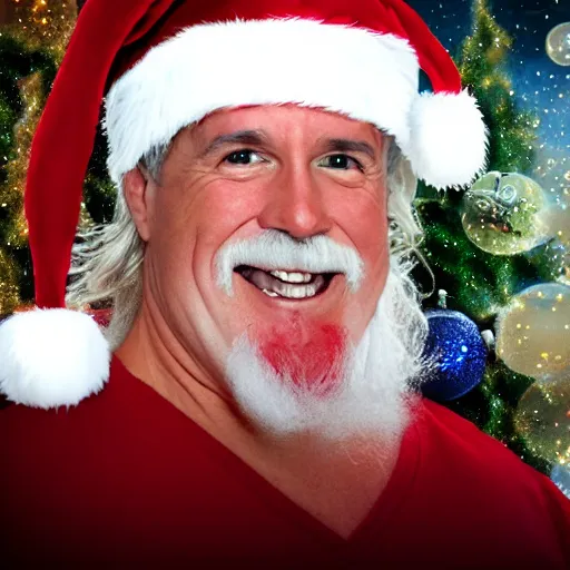 Image similar to Holiday Mall Santa Photo of child with the face of Hulk Hogan sitting on Hulk Hogan’s lap, 8k hyper realistic HDR