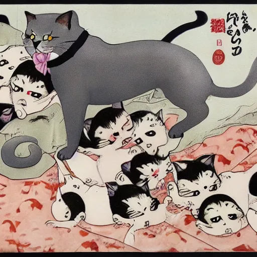 Image similar to an art piece of people getting eaten by a giant cat tsuguharu foujita