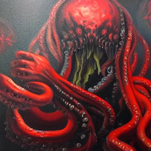 Prompt: an oil painting of Cthulhu, thick paint, detailed, 8k, dark phantasy, gritty, red eyes, stormy night