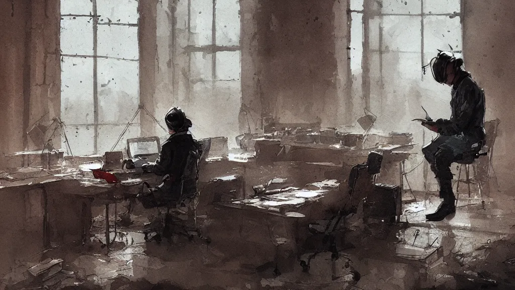 Prompt: interior of an office with a worker taking notes, watercolored, jakub rozalski, dark colours, dieselpunk, artstation