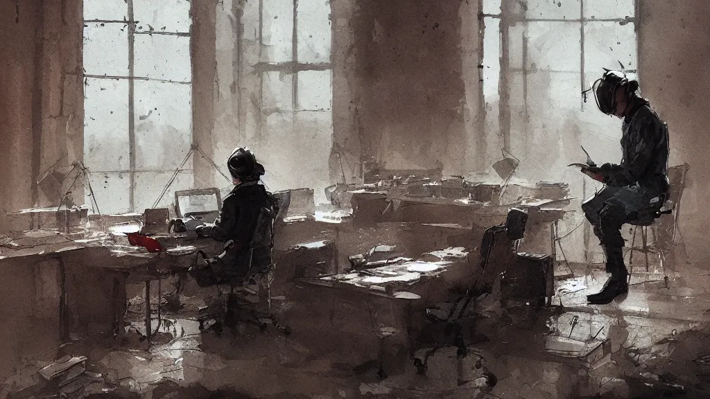 Image similar to interior of an office with a worker taking notes, watercolored, jakub rozalski, dark colours, dieselpunk, artstation