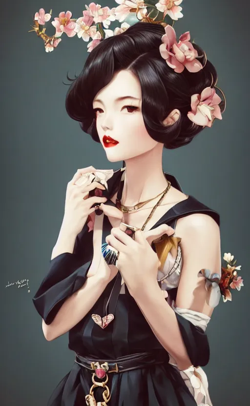 Prompt: a pin up and beautiful fashion and charming and dreamlke japan girl with lv jewelry, character art, art by artgerm lau and kyoung hwan kim and and ilya kuvshinov and john singer sargent, hyperdetailed, 8 k realistic, symmetrical, frostbite 3 engine, cryengine, dof, trending on artstation, digital art