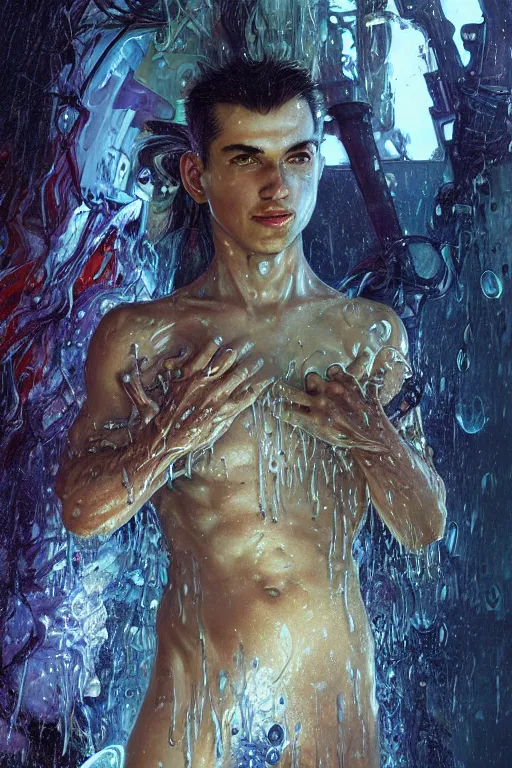 Prompt: portrait of a young handsome cyberpunk man wearing an armor, drenched body, wet dripping hair, emerging from the water, fantasy, regal, fractal crystal, fractal gems, by stanley artgerm lau, greg rutkowski, thomas kindkade, alphonse mucha, loish, norman rockwell.