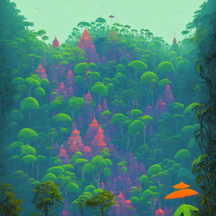 Prompt: ( ( ( ( ( gediminas pranckevicius ) ) ) ) ), wat bukit perak jungle, summer morning, very coherent and colorful high contrast art by james gilleard floralpunk screen printing woodblock, dark shadows, pastel color, hard lighting