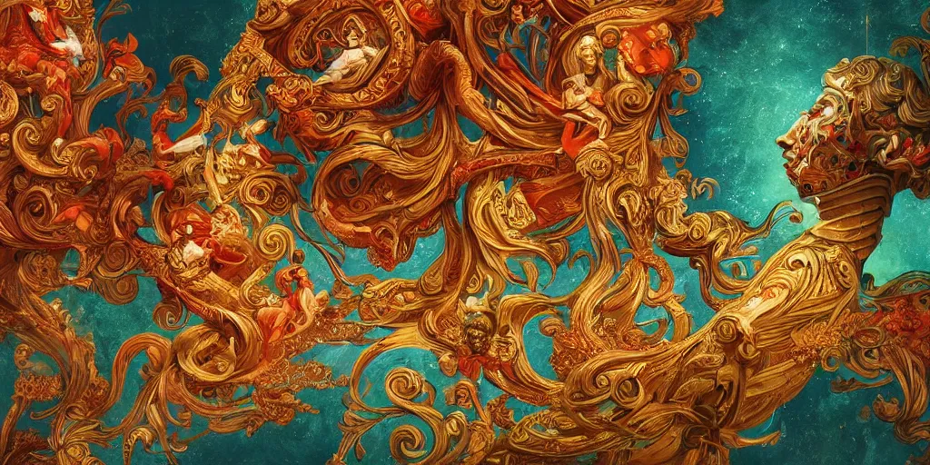 Image similar to ai dreams of god. baroque, deep focus, fantasy, intricate, elegant, highly detailed, digital painting, artstation, sharp focus, illustration. scarlet - green and mustard - indigo and azure - orange and white color scheme.