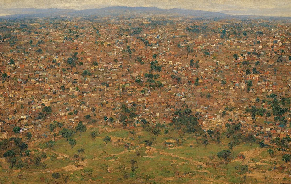 Image similar to walled town of abeokuta in nigeria from above, surrounded by a tall 18mile long wall, 1885, bright colors oil on canvas, by Ilya Repin