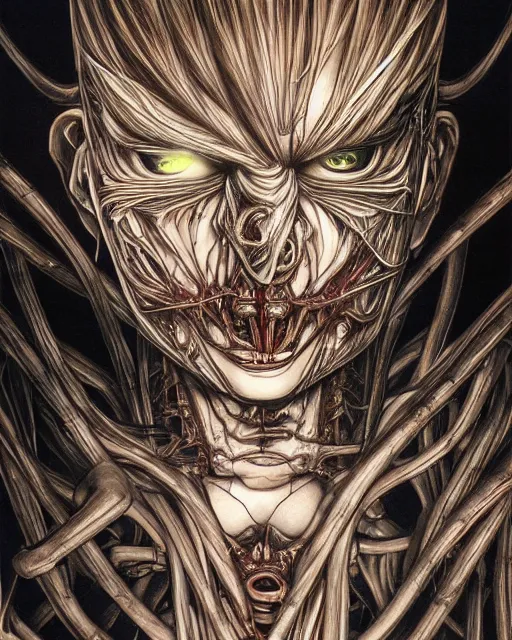 Image similar to light yagami by yoshitaka amano, by hr giger, biomechanical, 4 k, hyper detailed, hyperrealism, anime