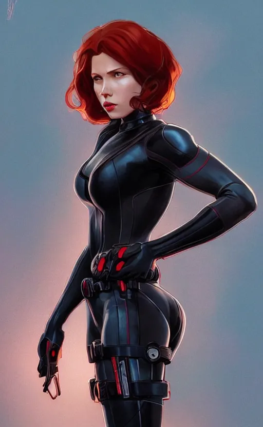 Prompt: Black Widow, highly detailed, digital painting, artstation, standing, facing camera, concept art, smooth, sharp focus, illustration, art by artgerm and alphonse mucha, high definition digital art, dramatic lighting, in the style of ilya kuvshinov and Ross tran