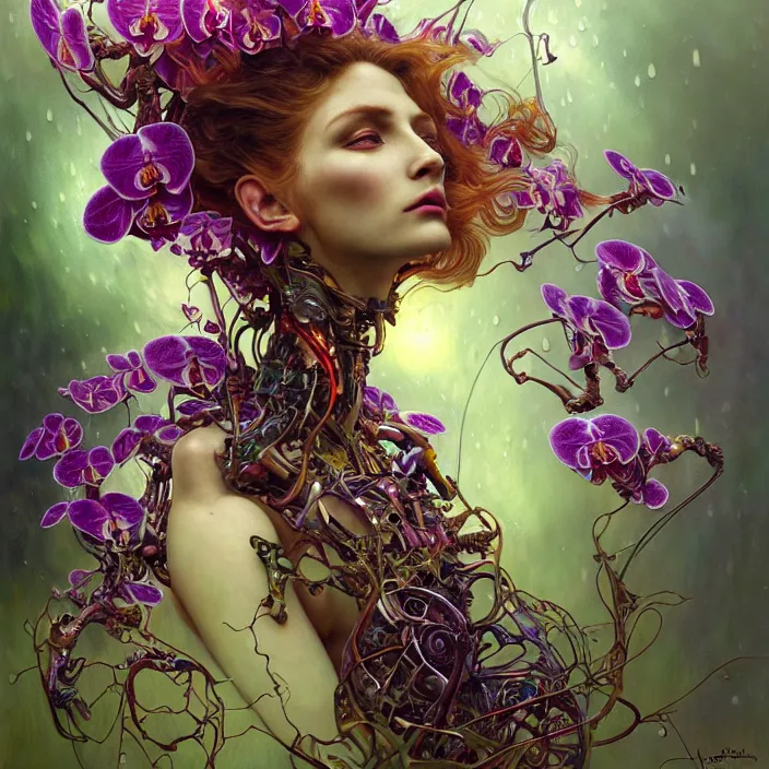 Prompt: psychedelic organic cyborg orchid in heavy wind and rain, diffuse lighting, fantasy, intricate, elegant, highly detailed, lifelike, photorealistic, digital painting, artstation, illustration, concept art, smooth, sharp focus, art by John Collier and Albert Aublet and Krenz Cushart and Artem Demura and Alphonse Mucha