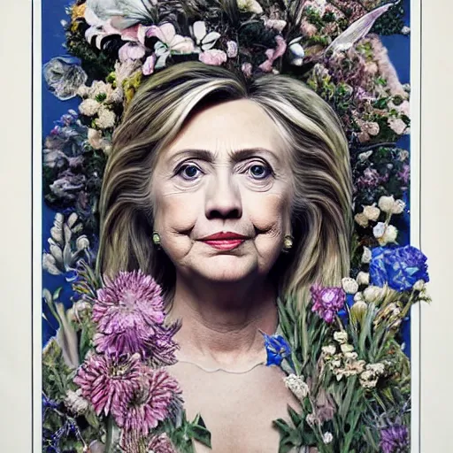 Image similar to portrait of Hillary Clinton as a young pretty woman in flowing dress, arrogant, mysterious, long fine flowing hair, delicate, looking at camera, realistic face, intricate, stylish, elegant, grimdark, flowers, extremely detailed photograph by Martine Johanna and Ernst Haeckel and Greg Rutkowski