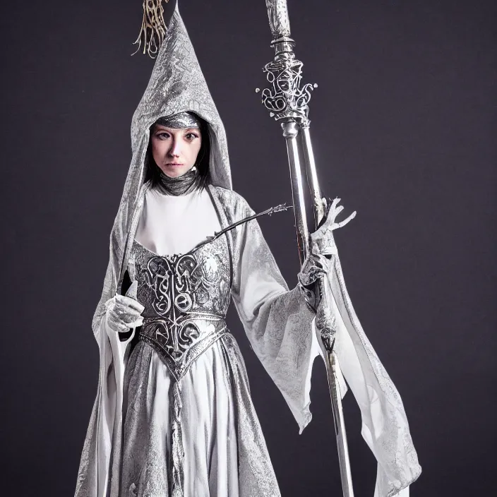 Image similar to photograph of a real-life beautiful lunar witch with ornate silver robes and staff. Extremely detailed. 8k