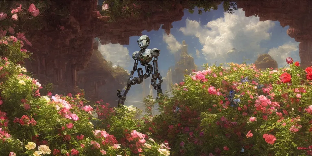 Image similar to robot head with flowers growing out, Thomas Cole, artgem, Tyler Edlin and Jean Delville, wide angle, minimalistic, highly detailed, masterpiece