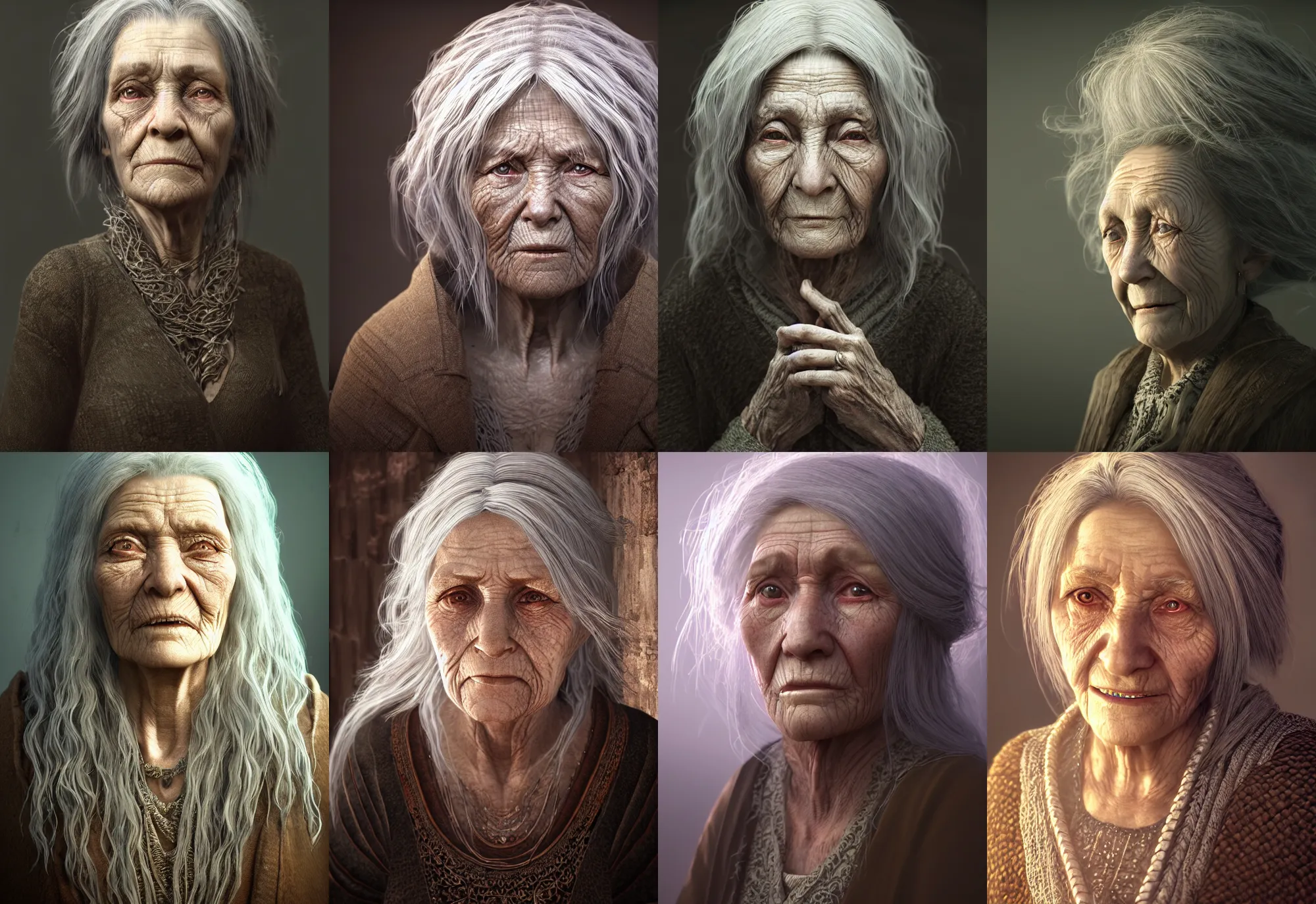 Prompt: highly detailed portrait of a very old woman with long hairs, unreal engine, fantasy art, global illumination, radiant light, detailed and intricate environment