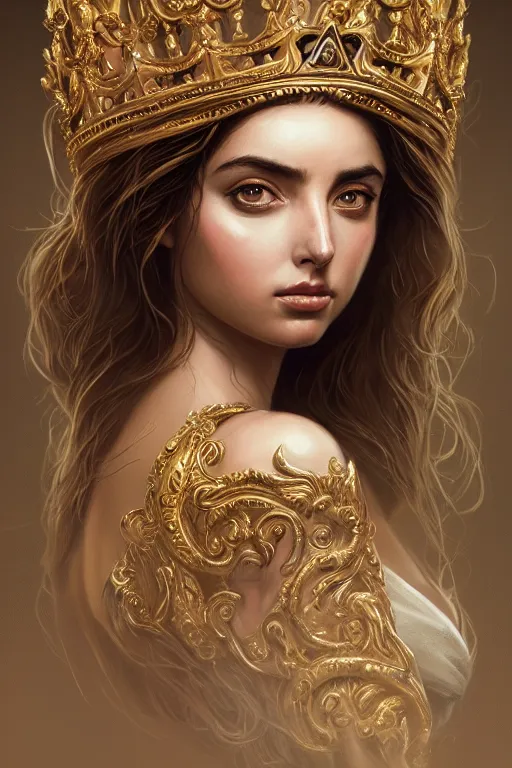 Image similar to highly detailed portrait of ana de armas as an elegant goddess, ornate crown, beautiful symmetrical face, digital painting, artstation, concept art, smooth, clear focus, illustration, greg rutkowski, artgerm, global lighting, detailed and fantasy