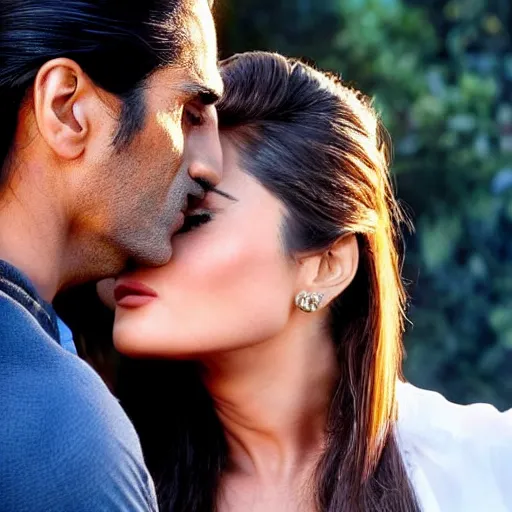 Prompt: closeup of kareena kapoor and arjun rampal kissing, natural lighting, hyper detailed, 1 0 0 mm, photographic, cinematic lighting, studio quality.