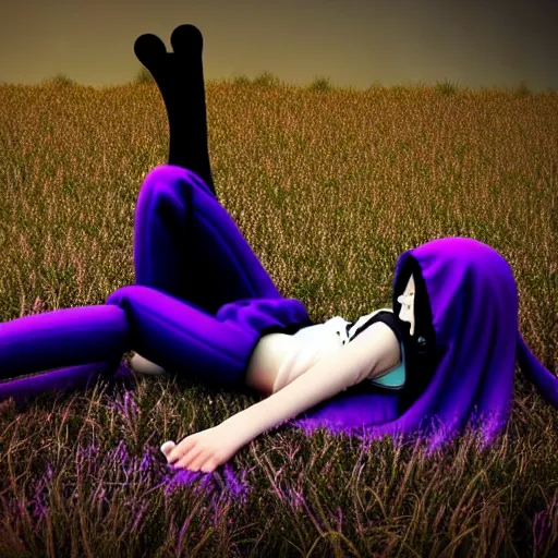 Prompt: A cute young real life 3D anime girl with long blueish violet hair, she is laying on her back, view from her feet, unique camera angle pointing at her face from her feet, wearing a black reaper hood with black pants, a bloody scythe is laying next to her foot, in a dark field, laying on her back, full body, dark and moody lighting, night time