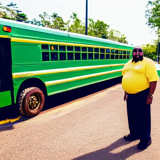 Image similar to overweight african american male school bus driver with dreads, wearing shorts with chubby legs, big moe, symmetric face, photo, posing in front of schoolbus