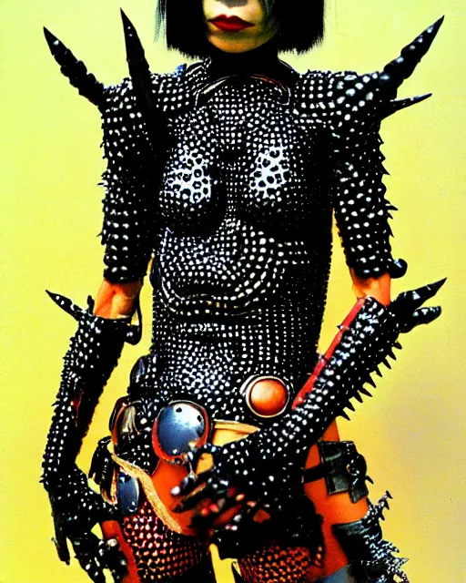 Prompt: portrait of a skinny punk goth yayoi kusama wearing armor by simon bisley, john blance, frank frazetta, fantasy, thief warrior, psychedelic fur