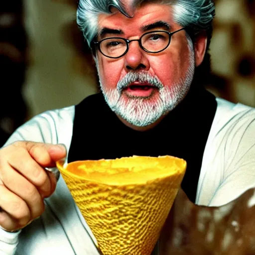 Image similar to george lucas eating a cone of cheese flavored ice cream