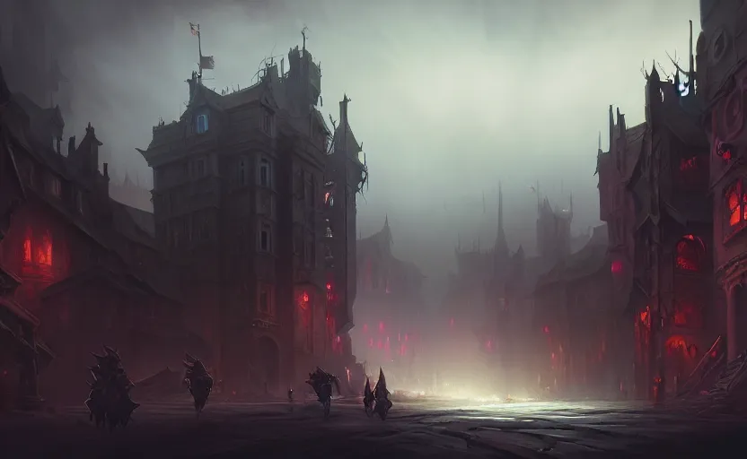 Prompt: extreme long shot concept art depicted old english majestic town, dramatic mood, overcast mood, dark fantasy environment, dieselpunk, art inspired by league of legends and arcane, style by jason engle and jordan grimmer, trending on artstation, unreal engine, golden ratio, spectacular composition