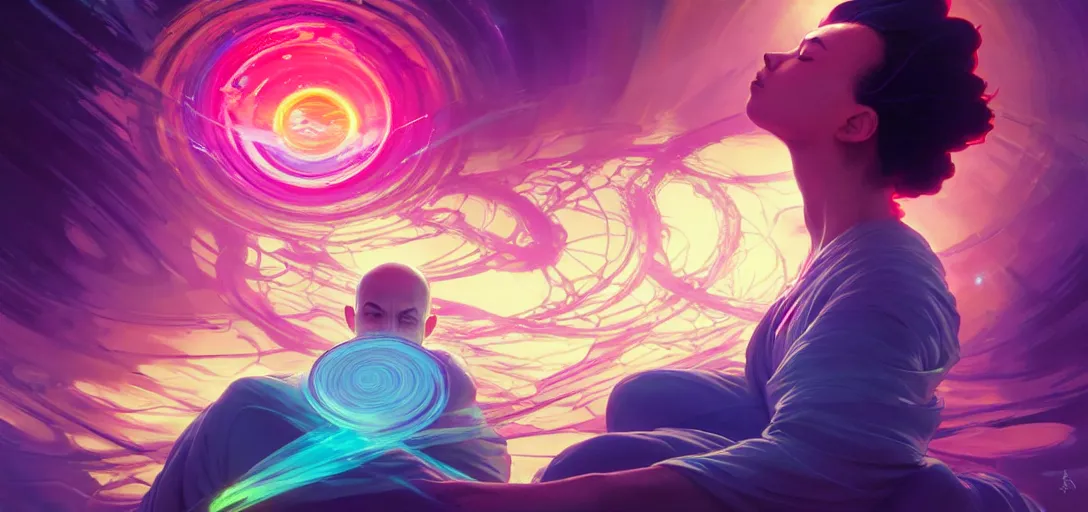 Image similar to a floating monk meditating, channeling swirling energy, wearing netrunner clothing, vaporwave aesthetic, colorful, psychedelic, digital painting, artstation, concept art, smooth, sharp focus, illustration, art by artgerm and greg rutkowski and alphonse mucha